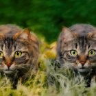 Identical tabby cats in colorful floral background with green overlay