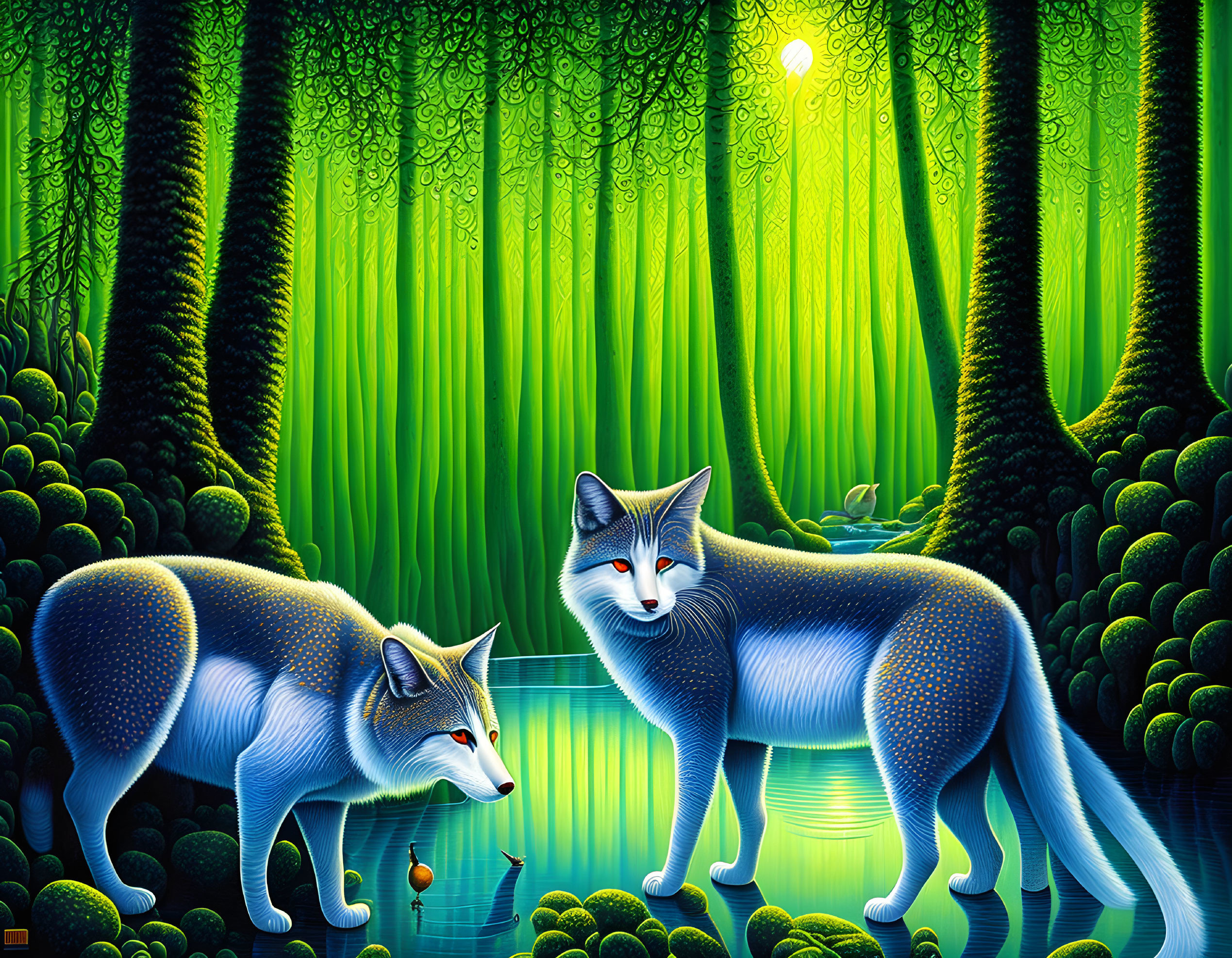 Stylized blue foxes in vibrant forest with glowing sun