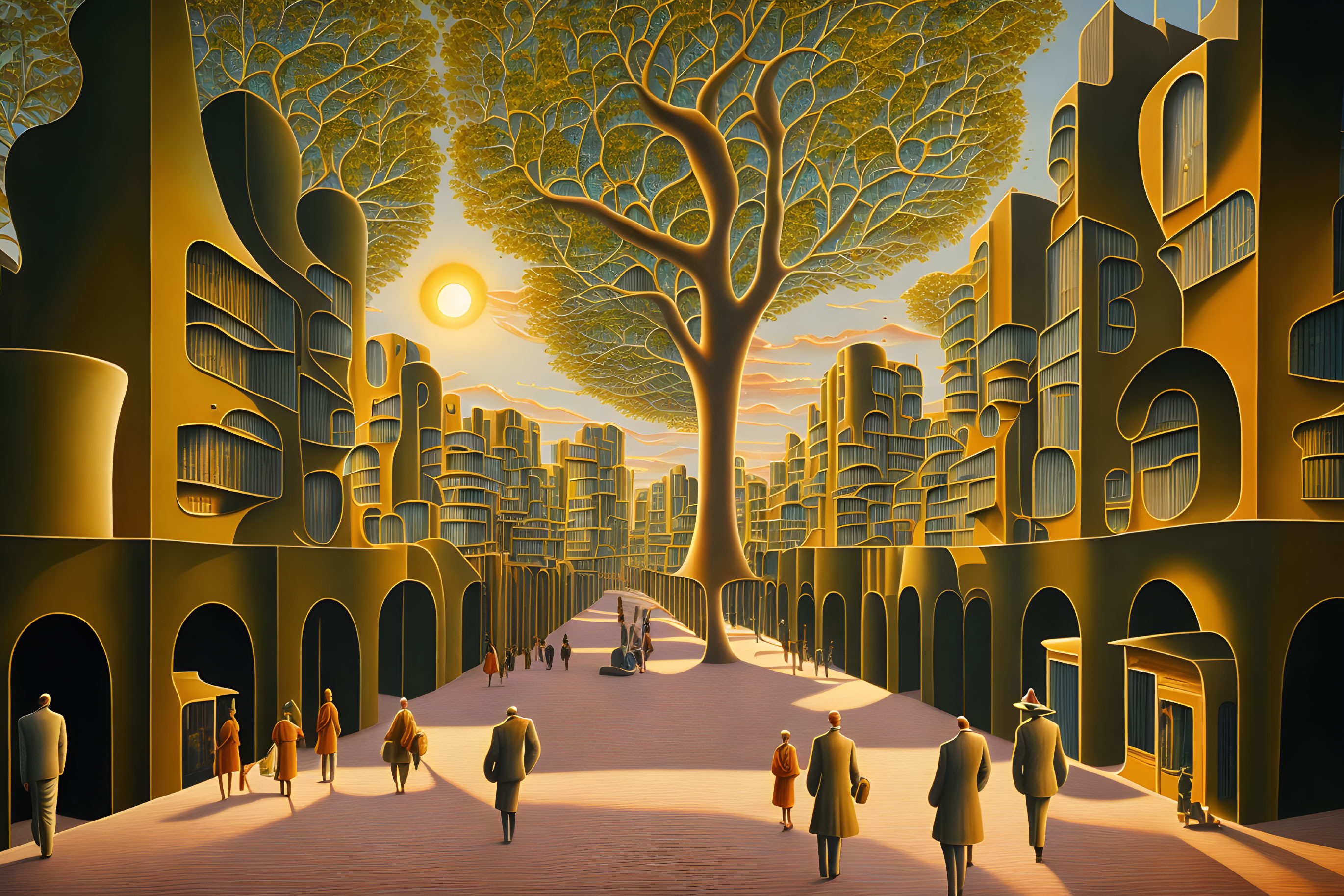 Futuristic cityscape with tree-shaped buildings and golden sunlight