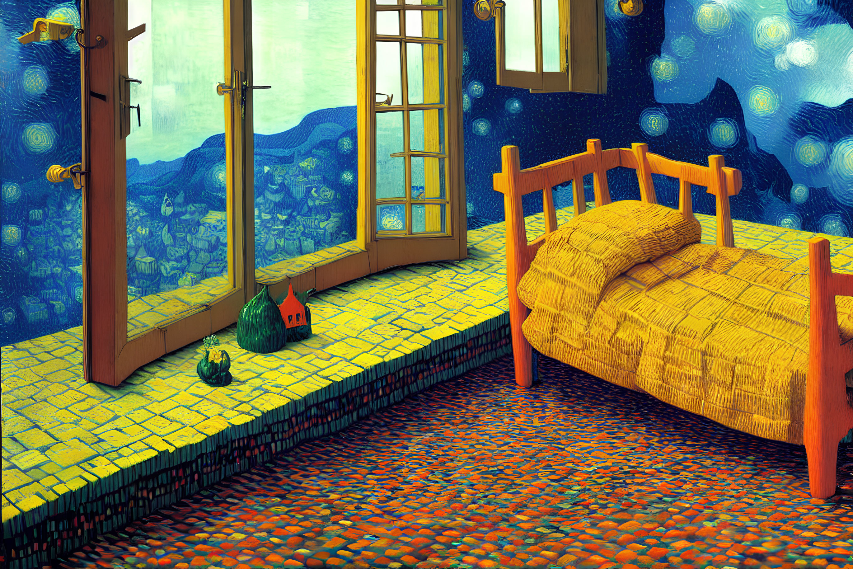 Whimsical room with Starry Night-themed decor and tiny green house