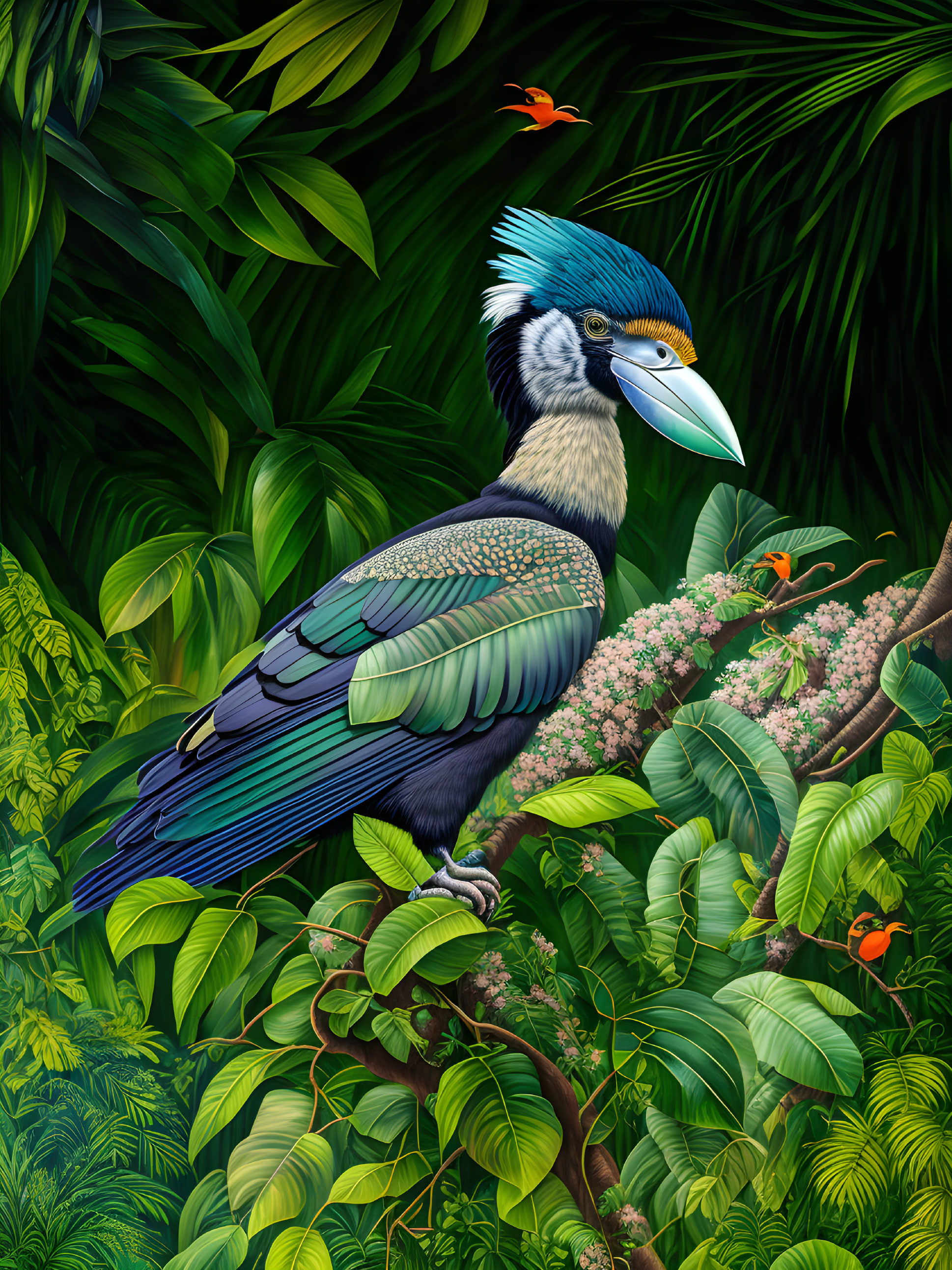 Colorful Bird with Blue Crest Perched Among Green Foliage