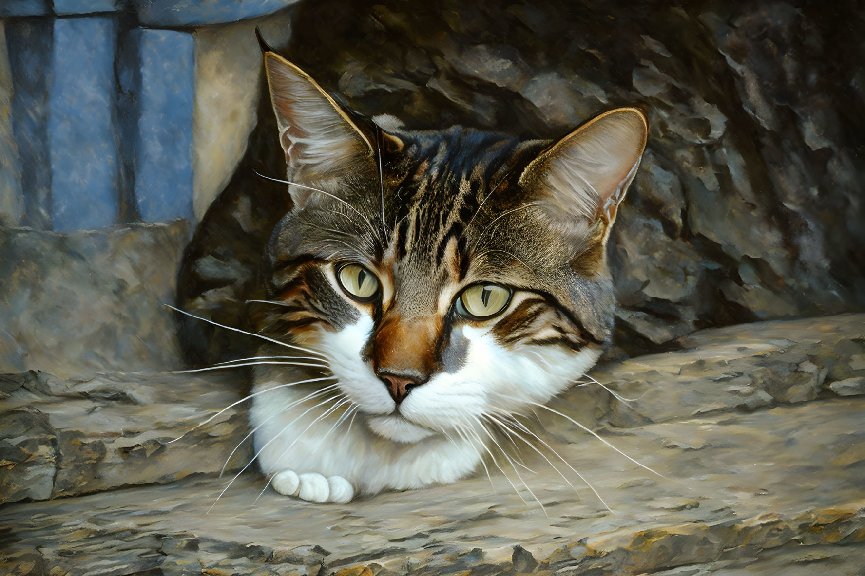 Tabby cat with striking markings on stone ledge against textured wall