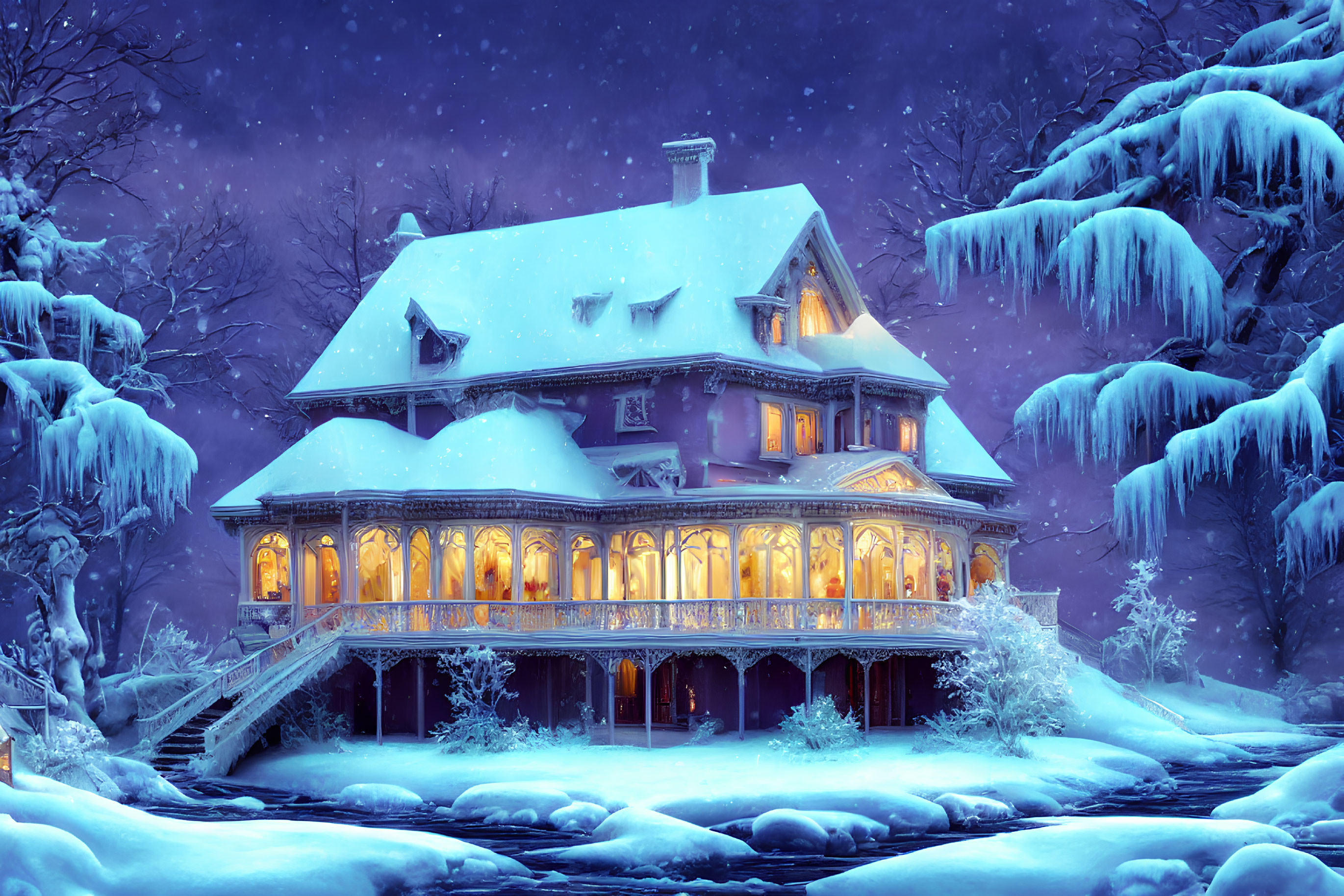 Victorian-style House Glowing in Snowy Twilight