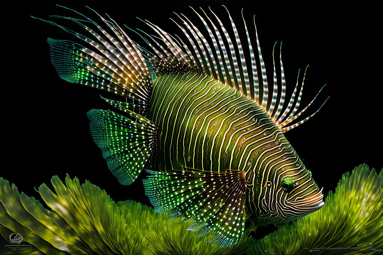 Vibrant lionfish swimming among green sea plants with extended fins.