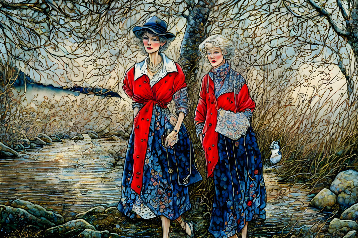 Vintage clothing women by creek in whimsical, tree-filled landscape