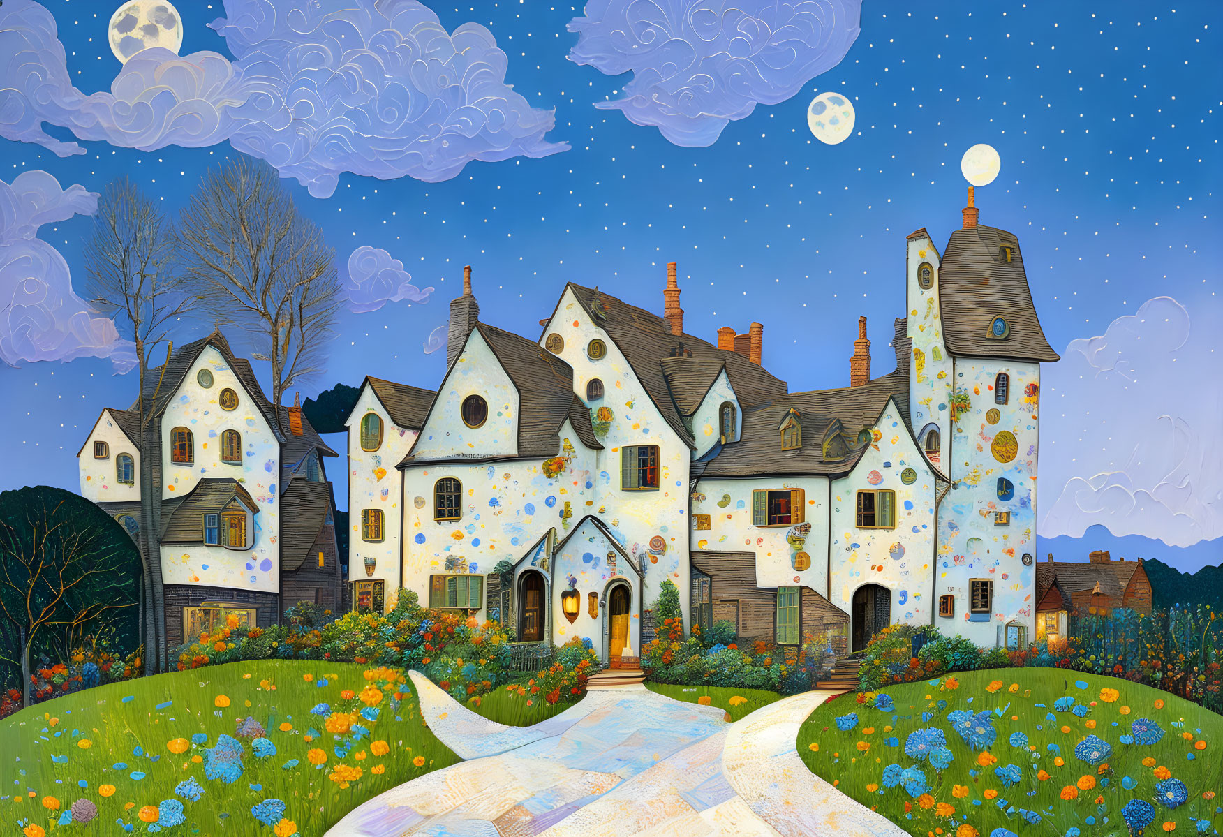 Whimsical village illustration with starry skies and crescent moons