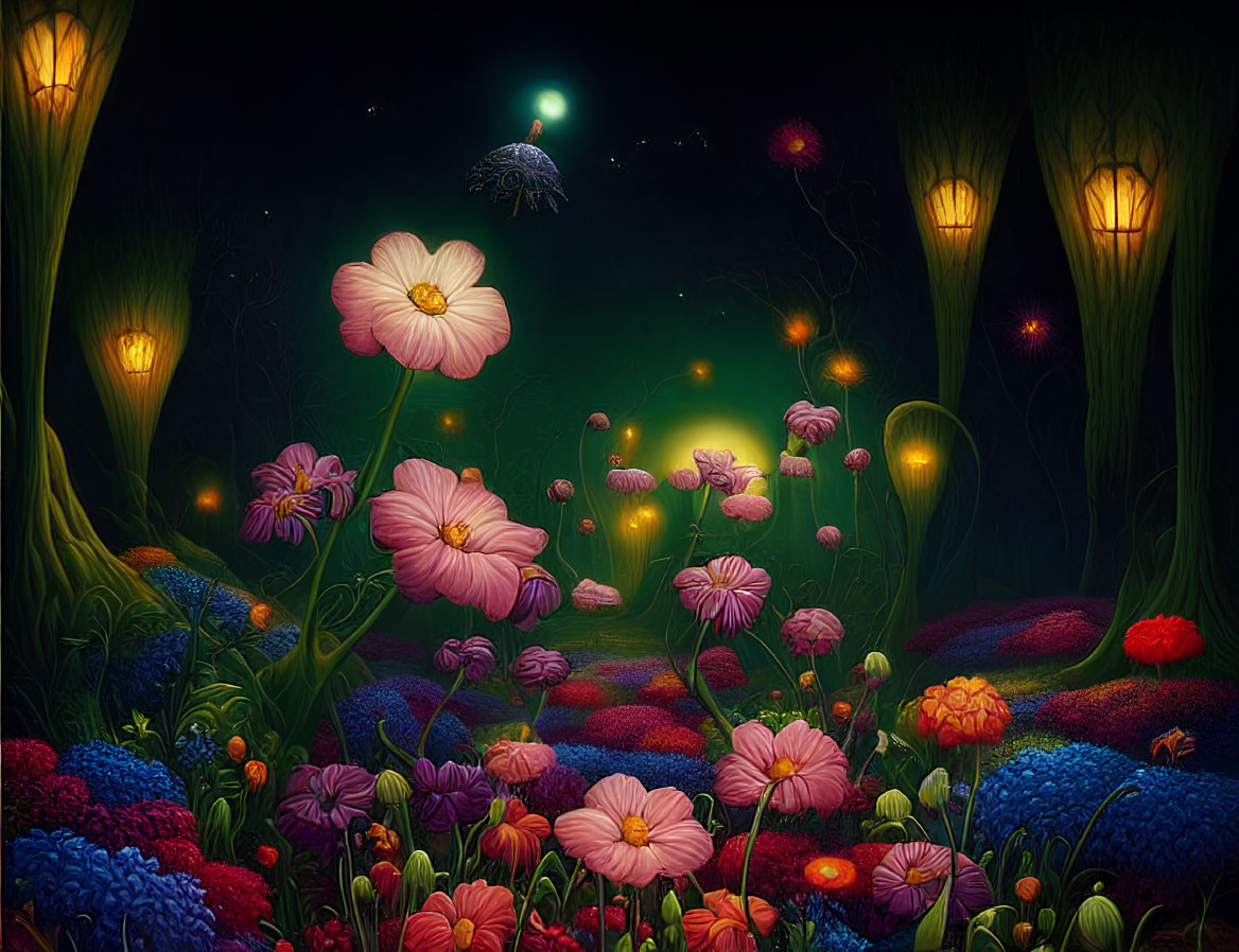 Colorful surreal garden with luminescent flowers and floating jellyfish creatures