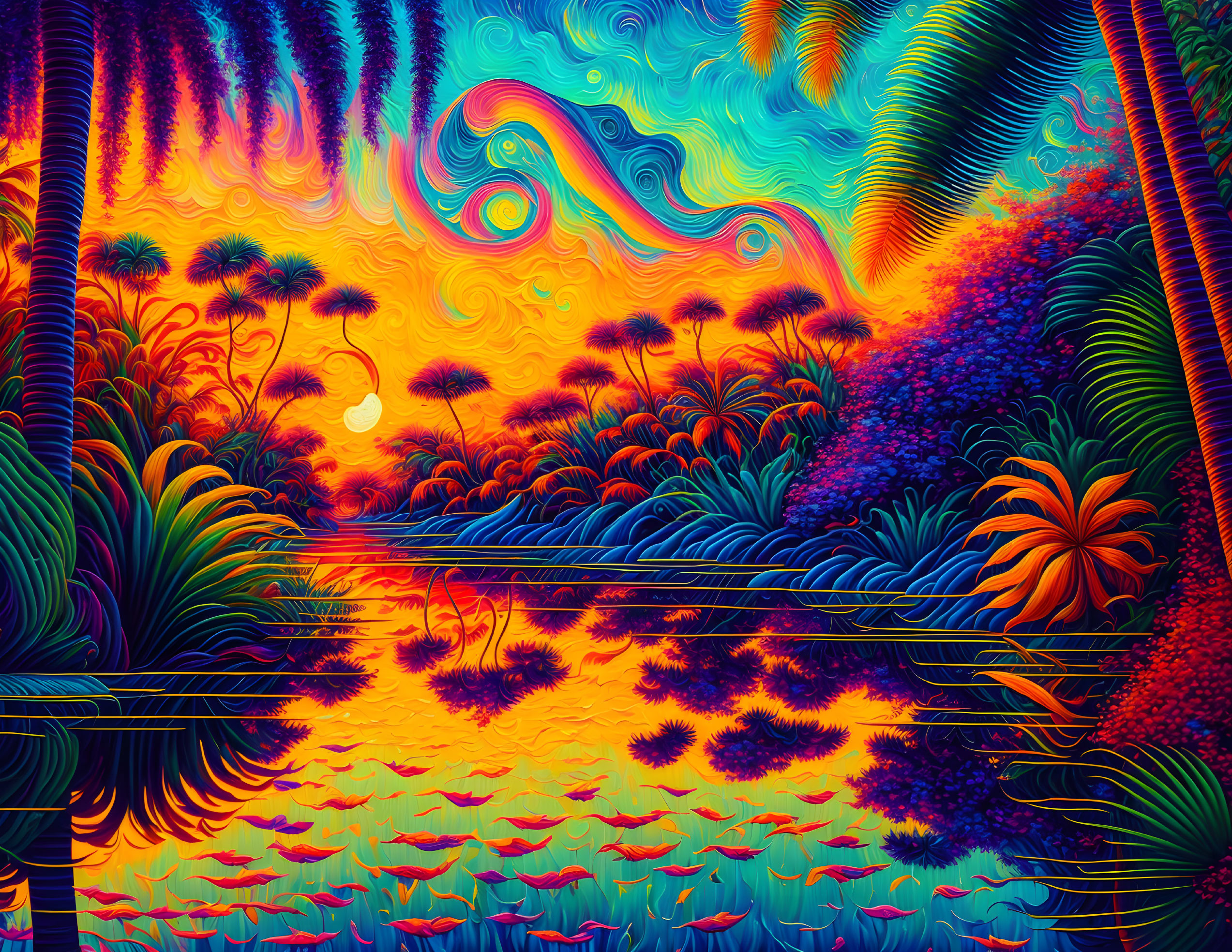 Colorful Psychedelic Landscape with Swirling Skies and Exotic Plants