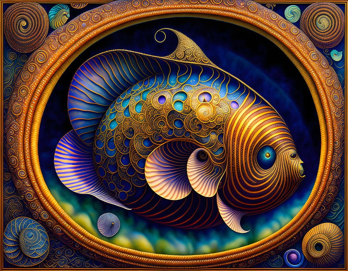 Colorful digital art: ornate fish in circular frame with intricate details.