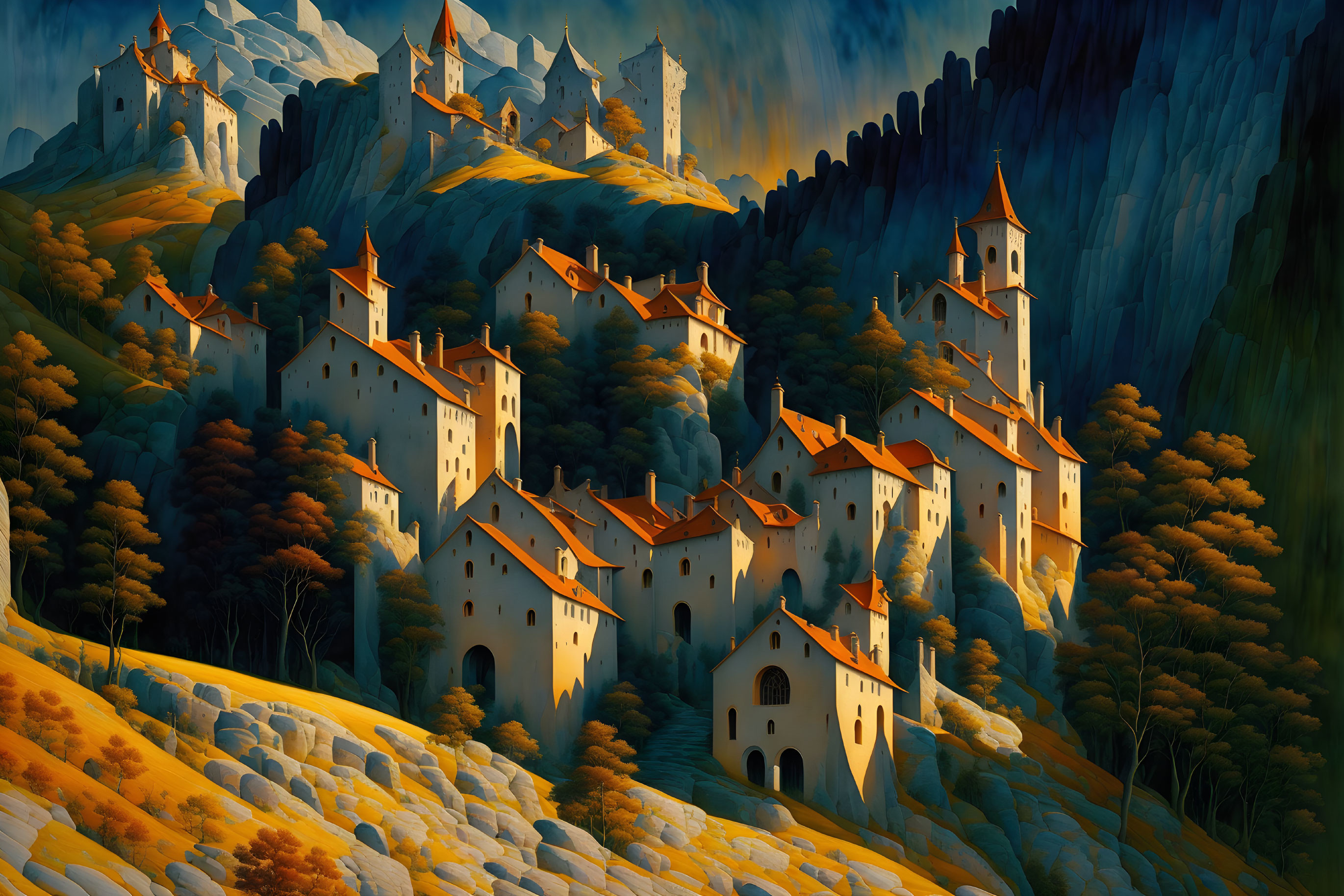 Interconnected castles in autumn forest with cliffs - Fantasy landscape