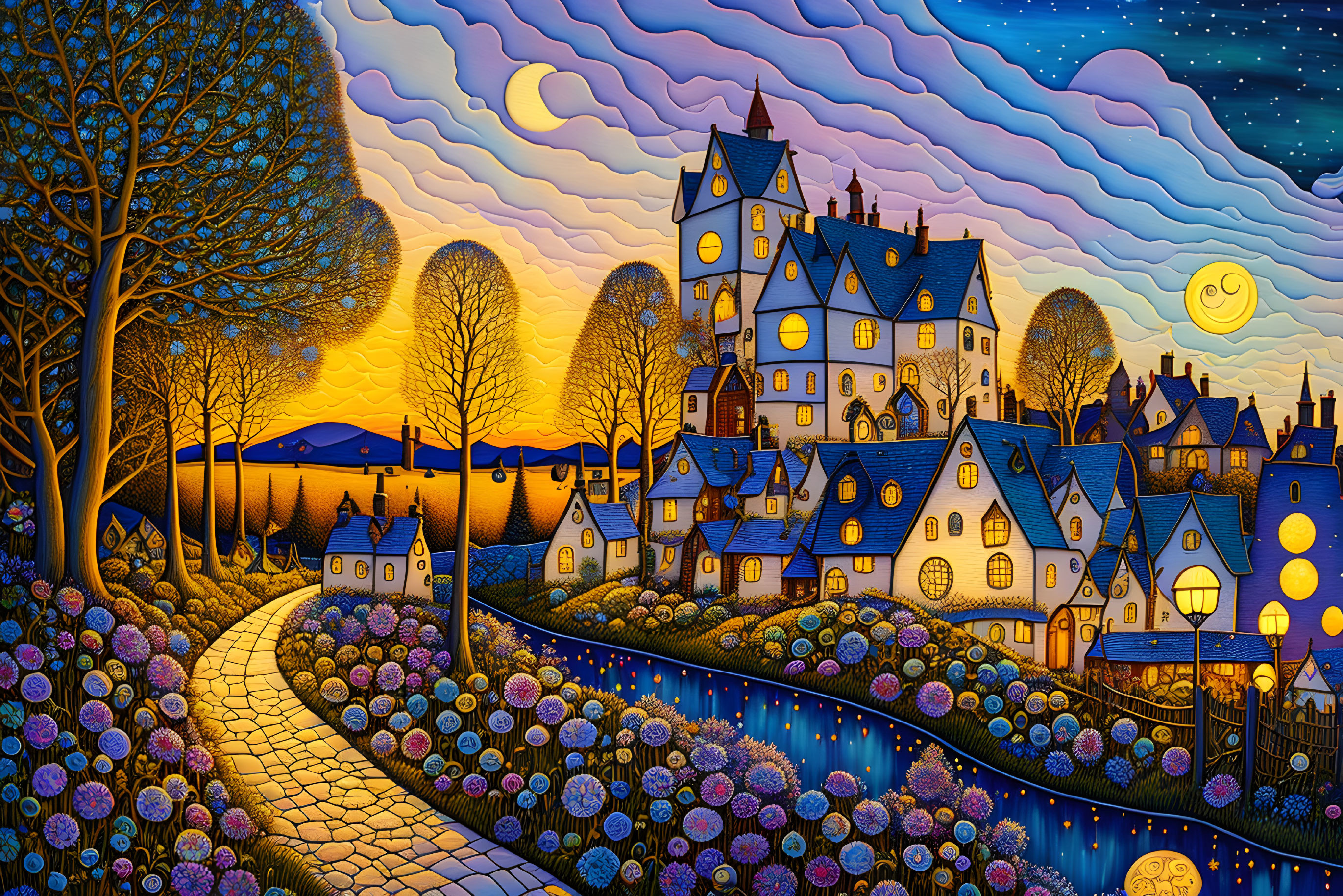 Colorful painting of whimsical village at twilight with illuminated houses, river, flowers, and starry