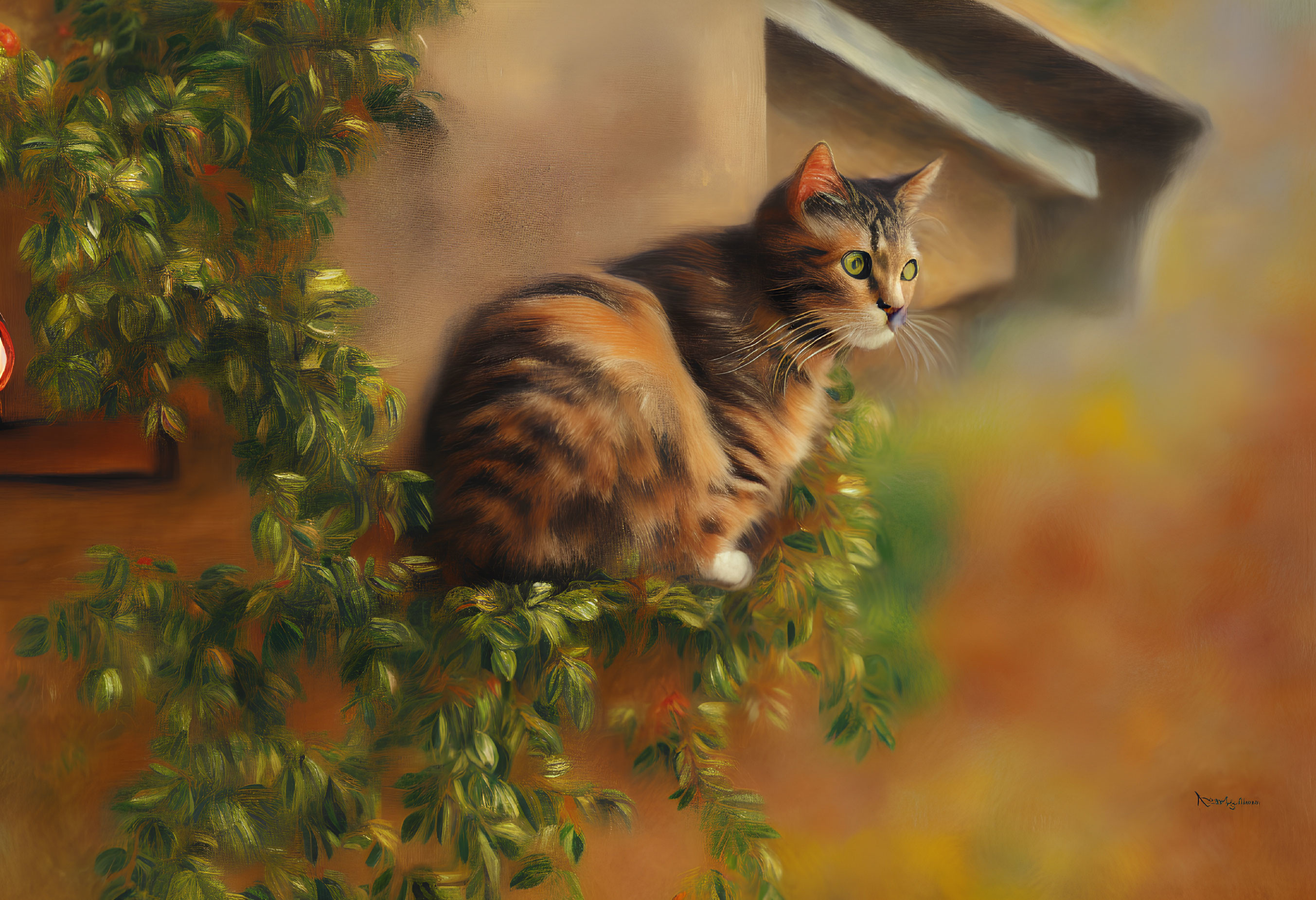 Calico Cat with Green Eyes Sitting on Ledge Beside Leafy Plant