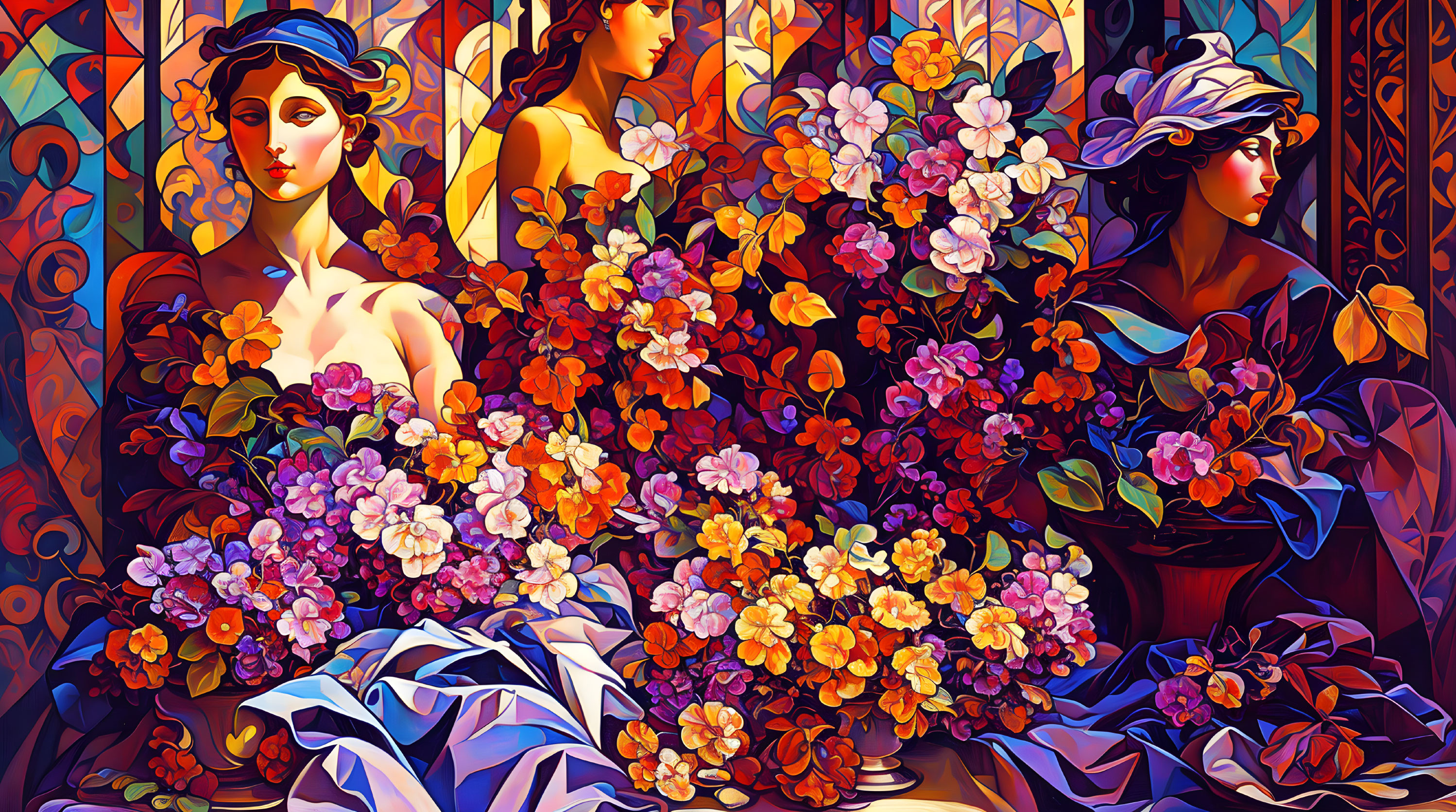 Colorful Stylized Illustration of Three Women with Flowers