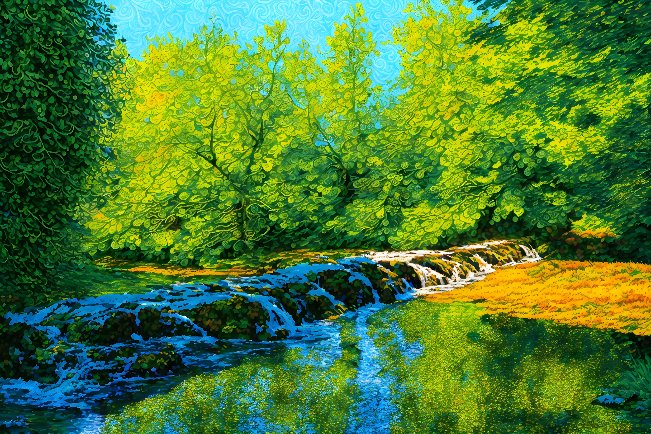 Tranquil landscape with greenery, stream, and swirling sky