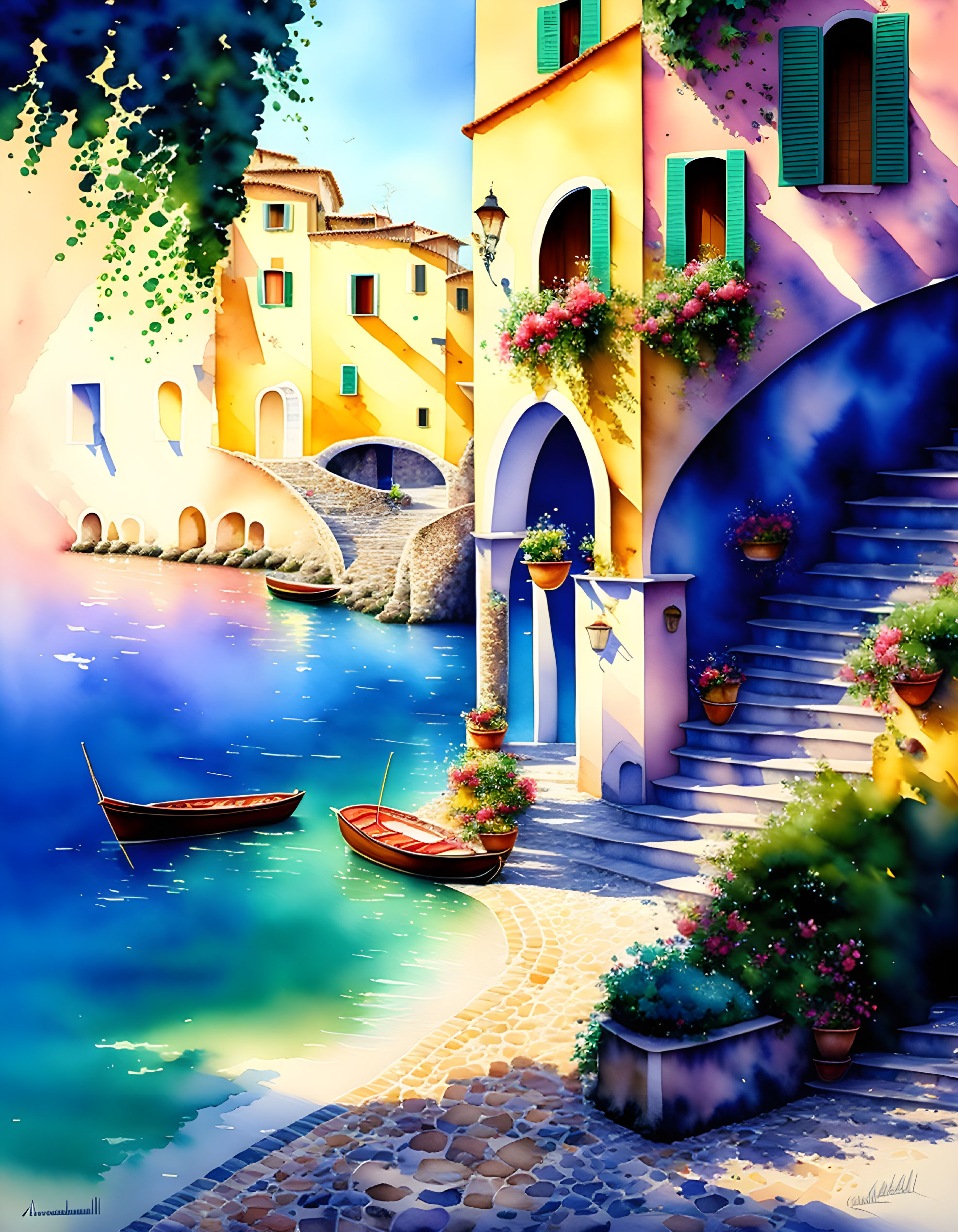 Colorful Waterfront Scene: Buildings, Cobblestone Path, Flowers, Boats, Serene