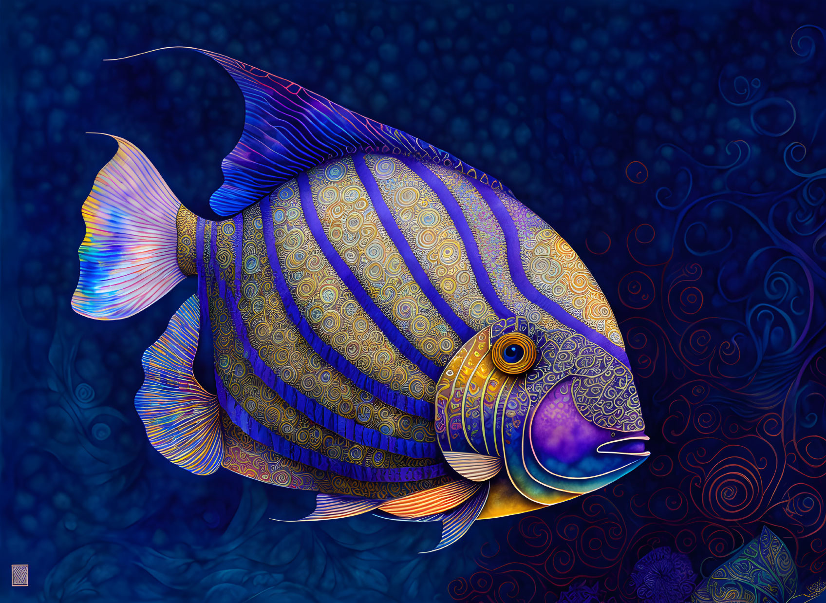 Colorful Fish Artwork with Intricate Patterns and Blue Palette