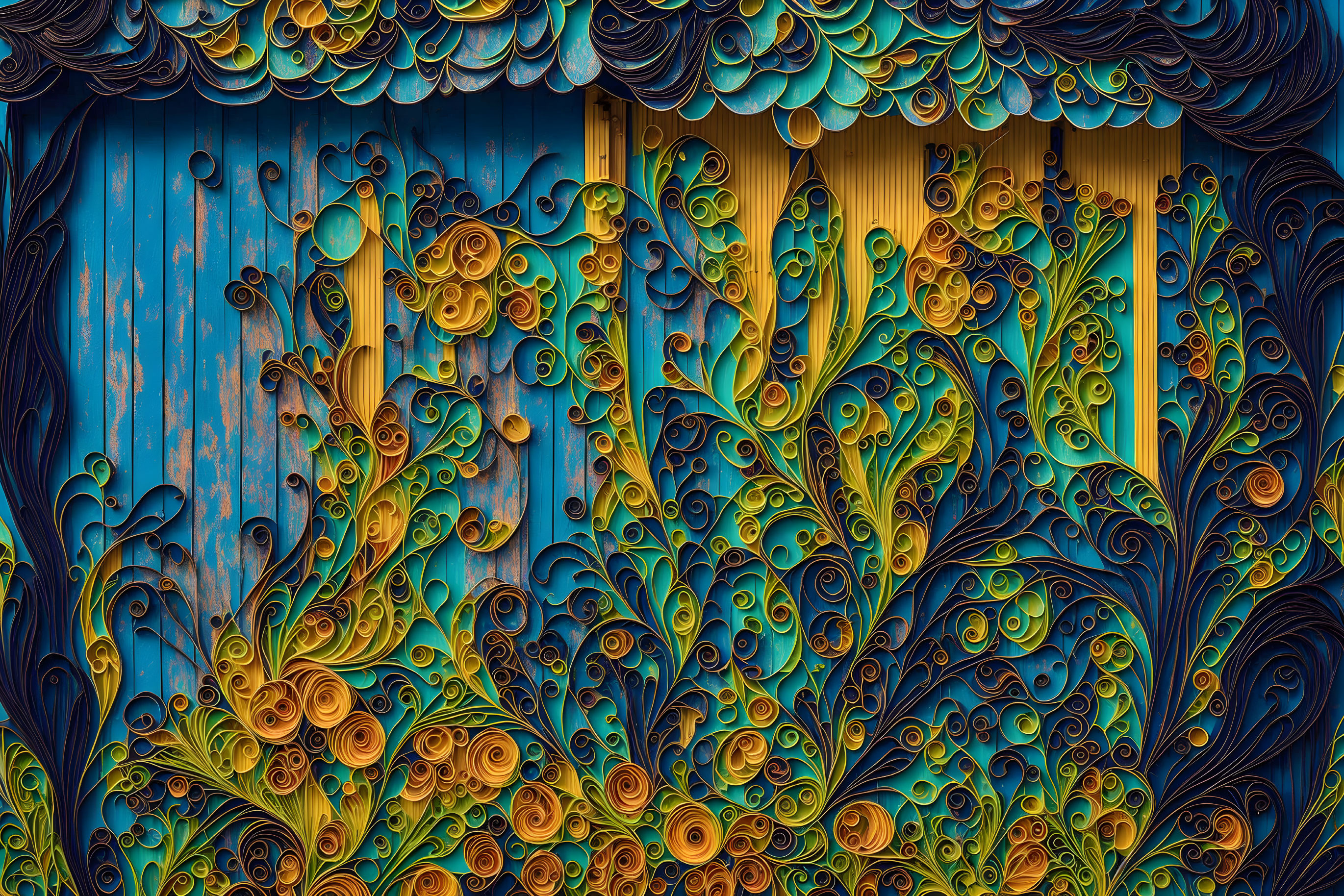 Intricate Blue and Gold Quilled Patterns on Textured Background