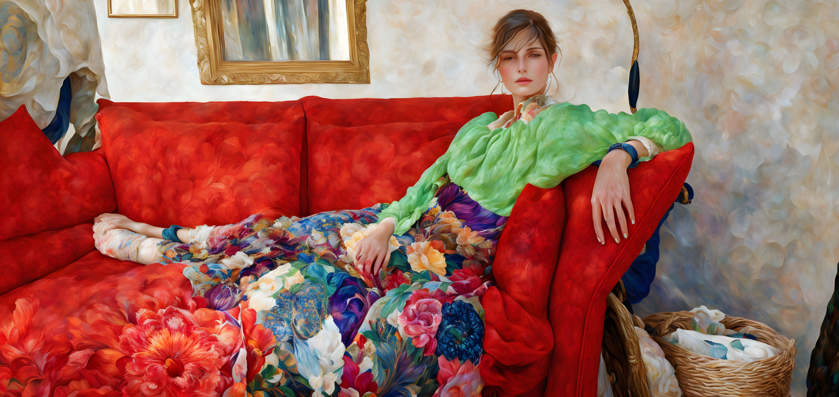 Woman in floral dress on red couch with wicker basket in impressionist-style room.