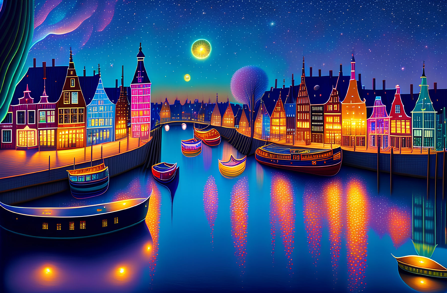 Colorful canal scene with boats, buildings, and starry sky reflected in water