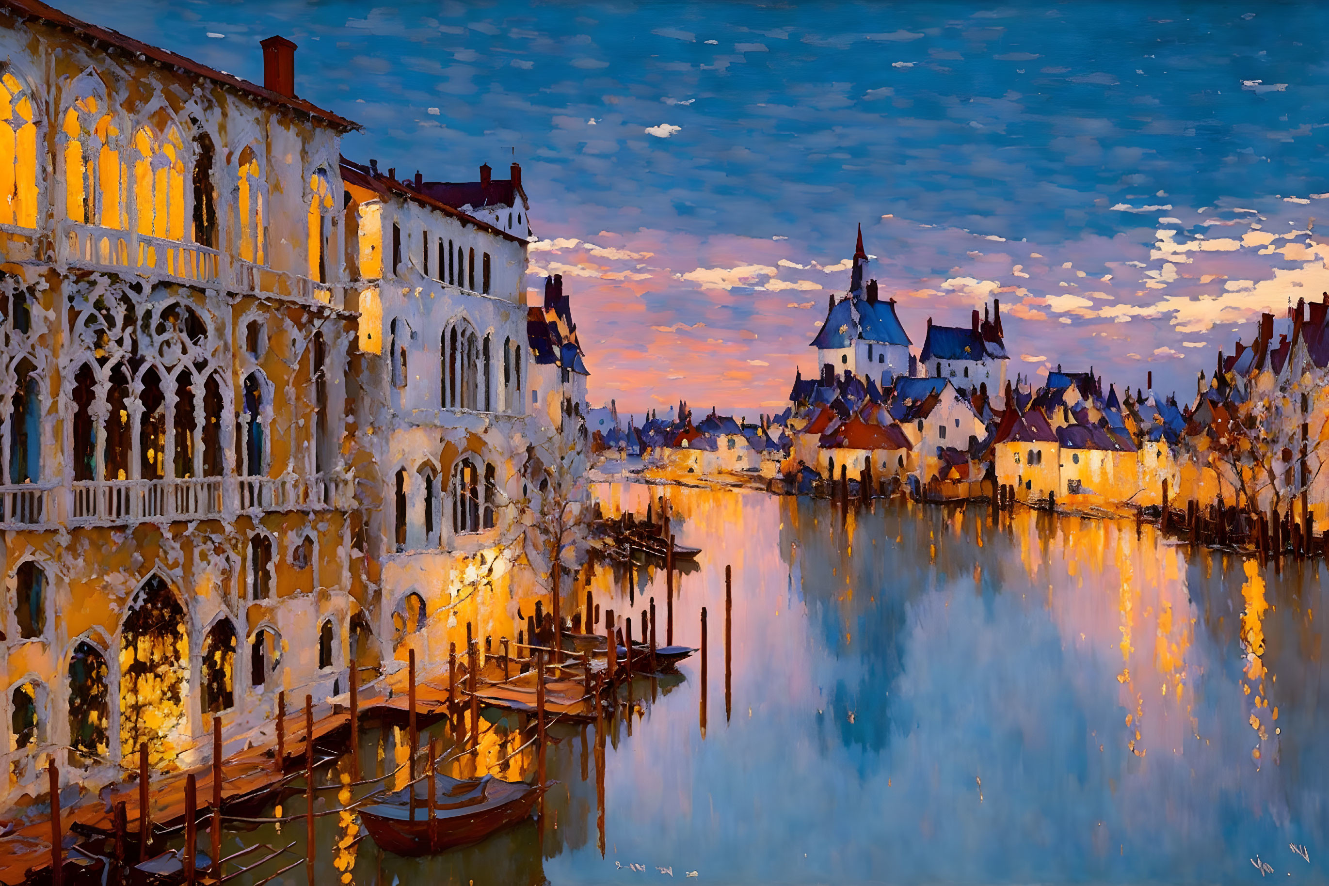 Vibrant Sunset Over European Canal with Reflections