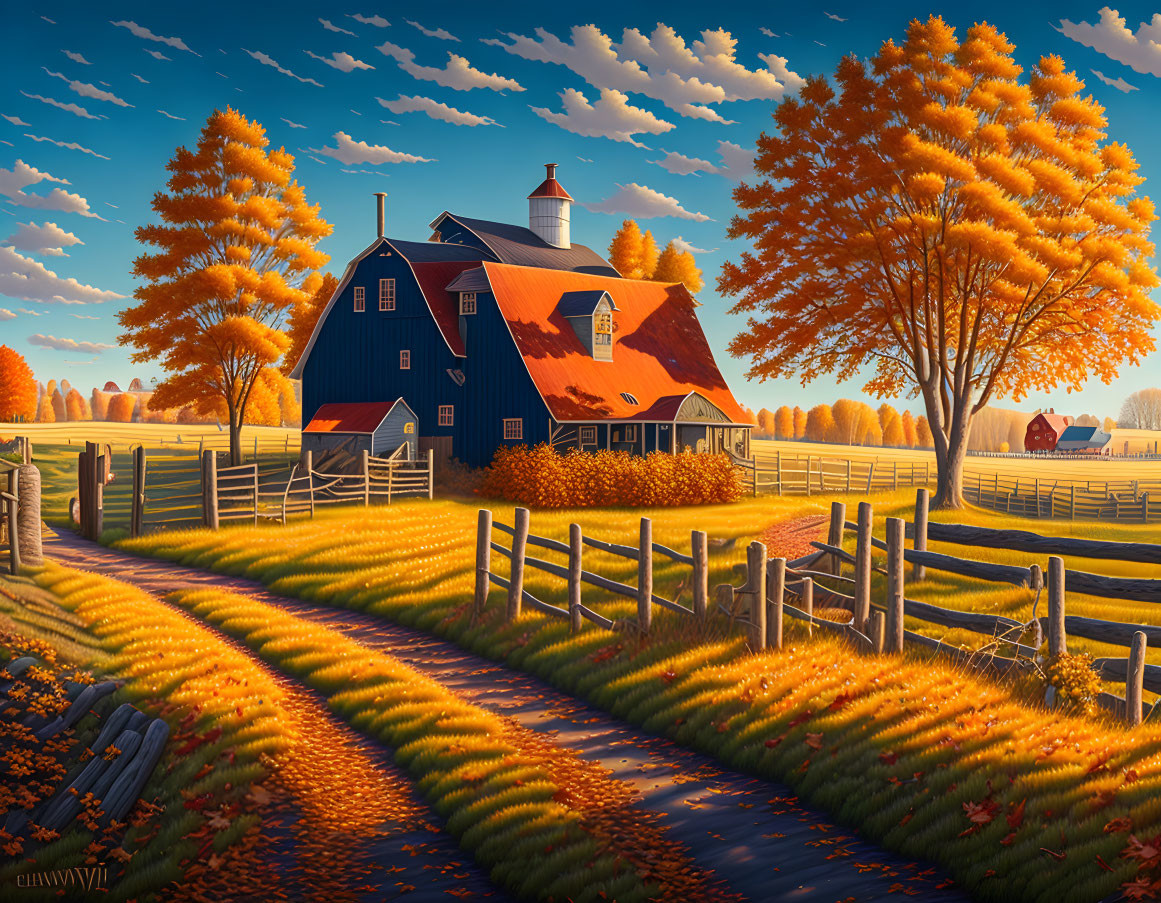 Scenic autumn landscape with blue barn, golden trees, dirt road, and wooden fence