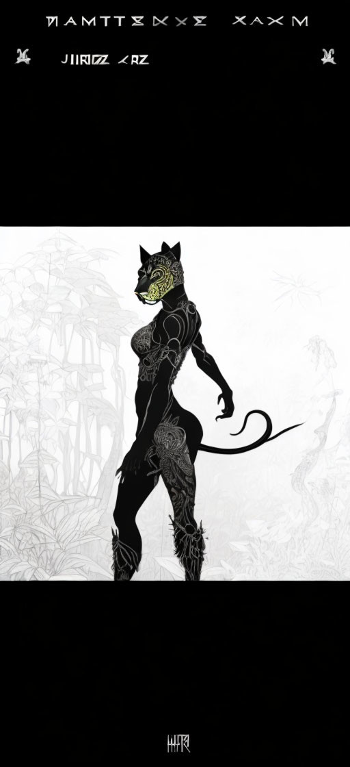 Stylized black panther character in green-accented suit against forest.