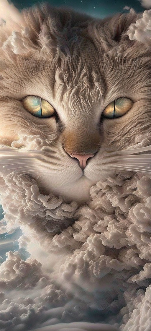 Light-furred cat's face merges with soft white clouds in surreal image