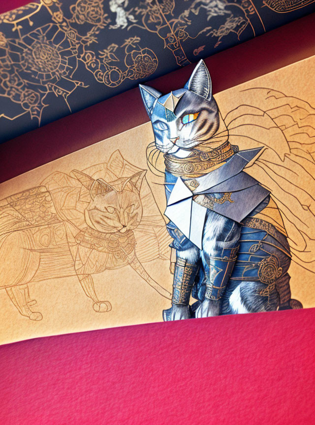 Cat in Knight Armor Illustration on Decorative Background