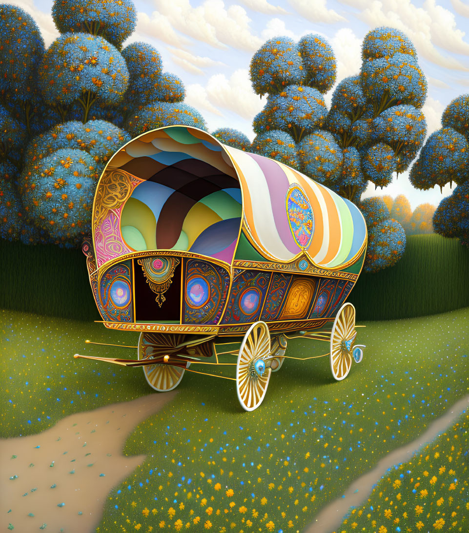 Vibrant caravan with intricate designs on grassy path lined with blue trees and yellow flowers