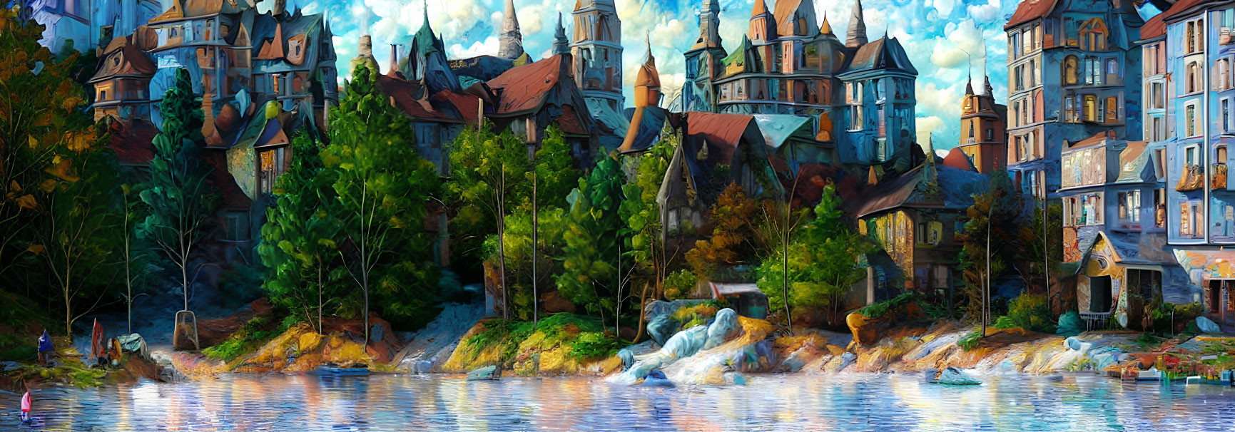 Fantasy-style village with waterfall and lake in lush surroundings