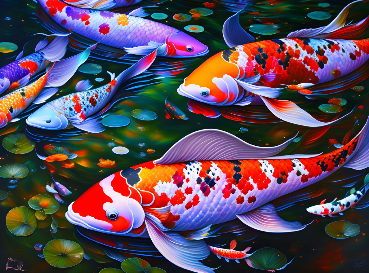 Colorful digital artwork: koi fish and lily pads in vibrant water.