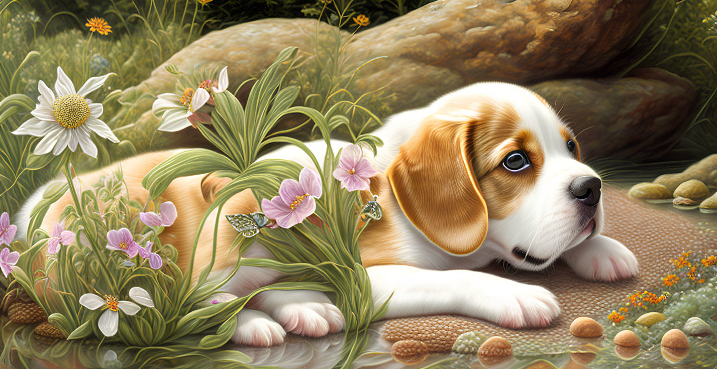 Beagle puppy surrounded by flowers, rocks, and butterflies