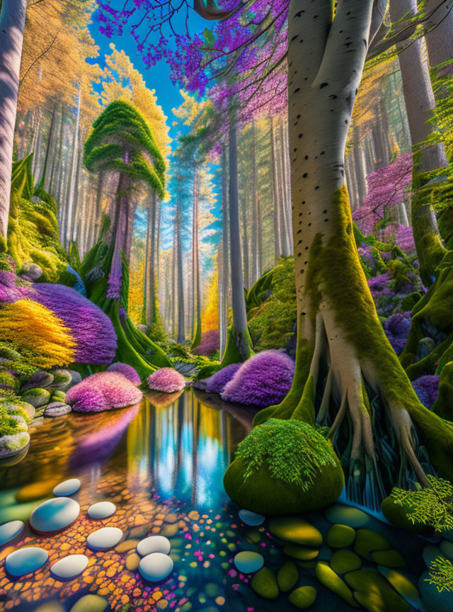 Lush, vibrant forest scene with towering trees, clear stream, moss-covered stones, and oversized plants