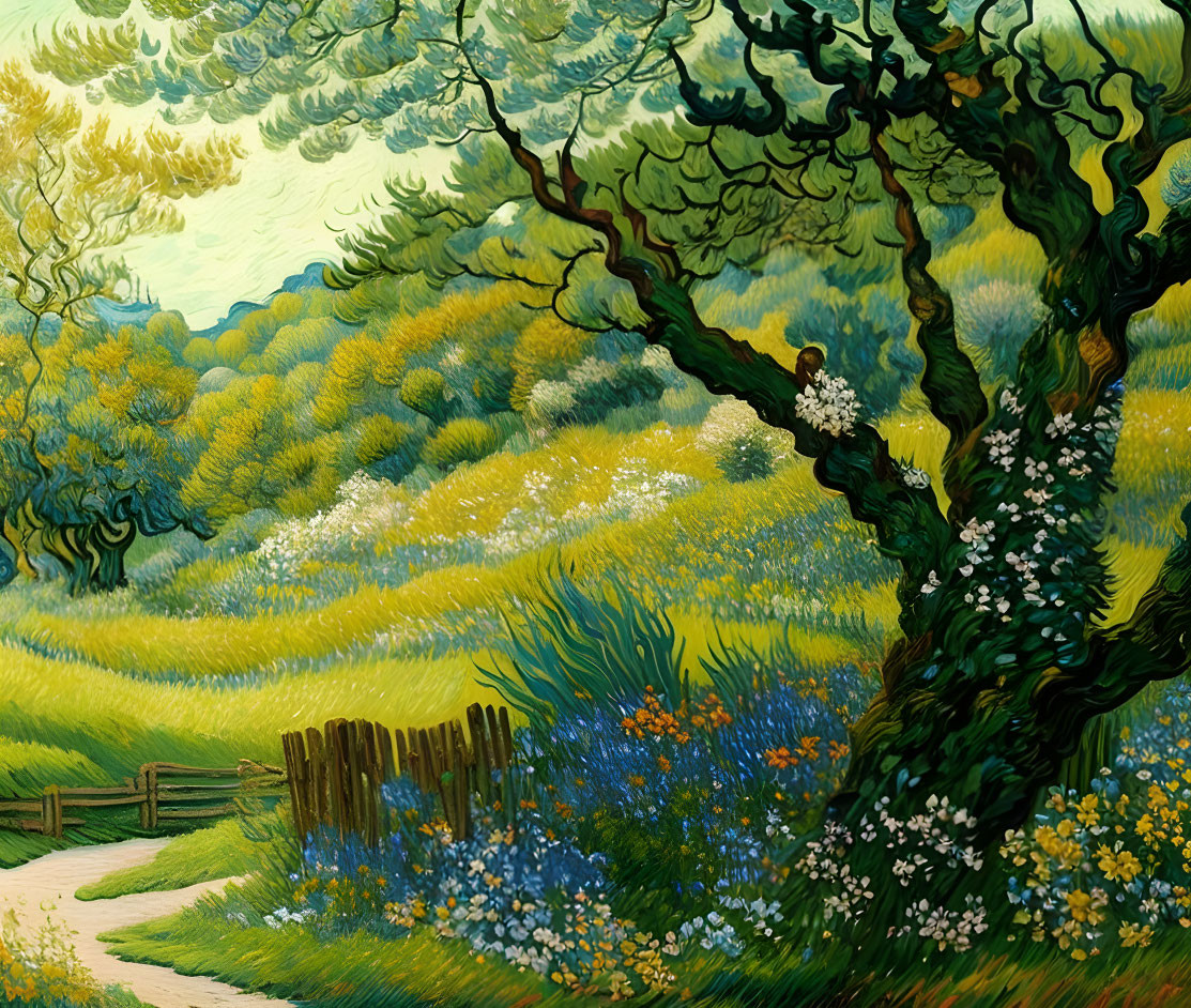 Lush Green Countryside Painting with Twisted Tree and Blooming Meadow