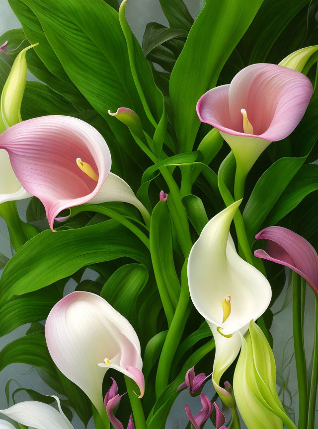 Colorful Cluster of Pink and White Calla Lilies with Green Leaves