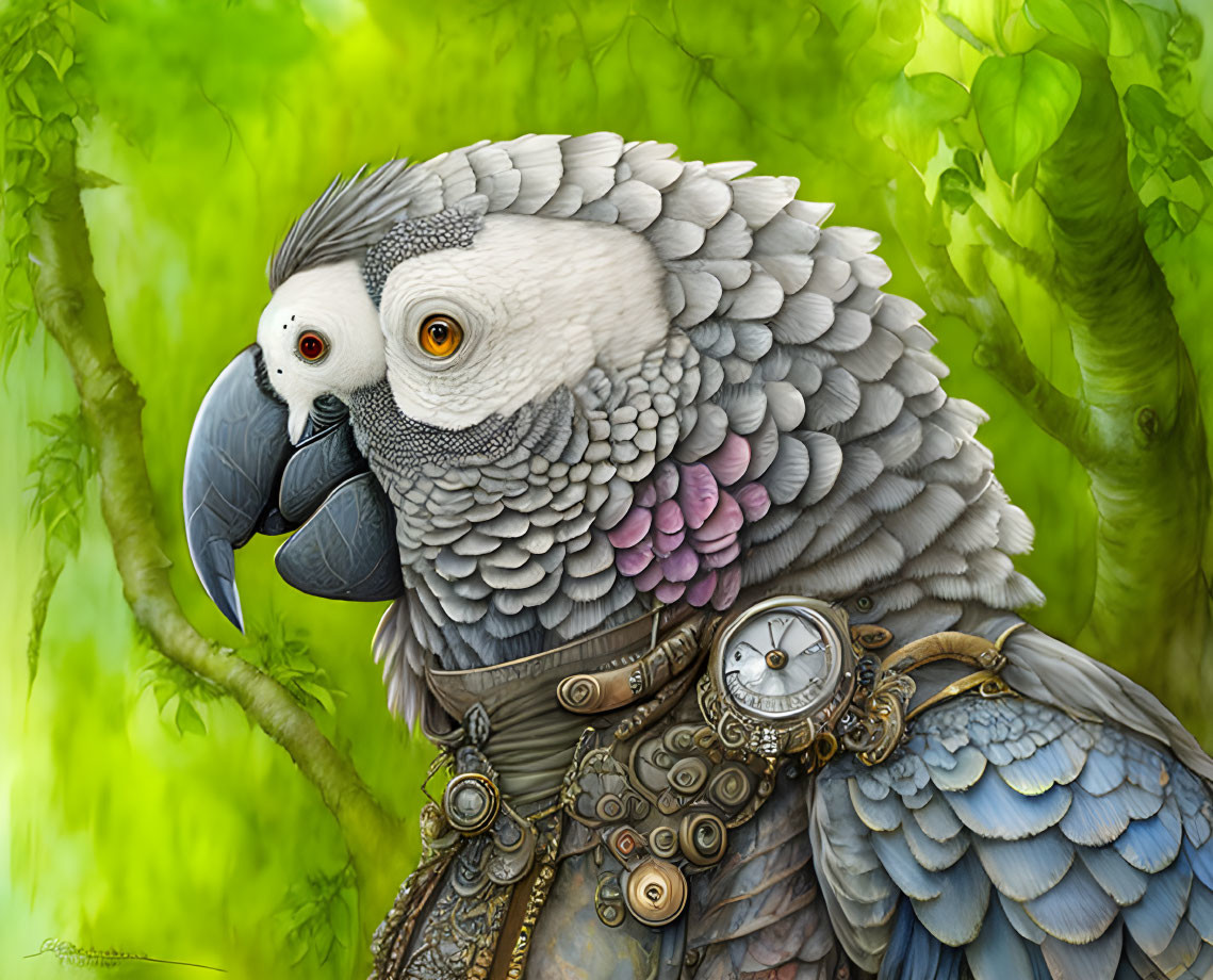 Steampunk-inspired African grey parrot with mechanical elements and pocket watch in lush green setting