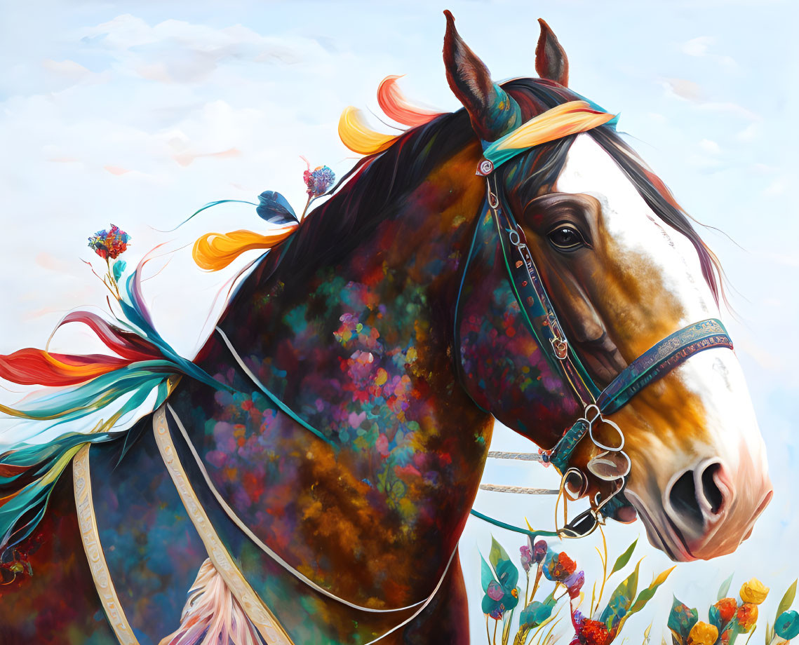 Colorful Horse Painting with Flowers and Cloudy Sky