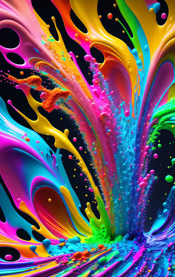 Colorful Liquid Splashes with Dynamic Swirls on Dark Background