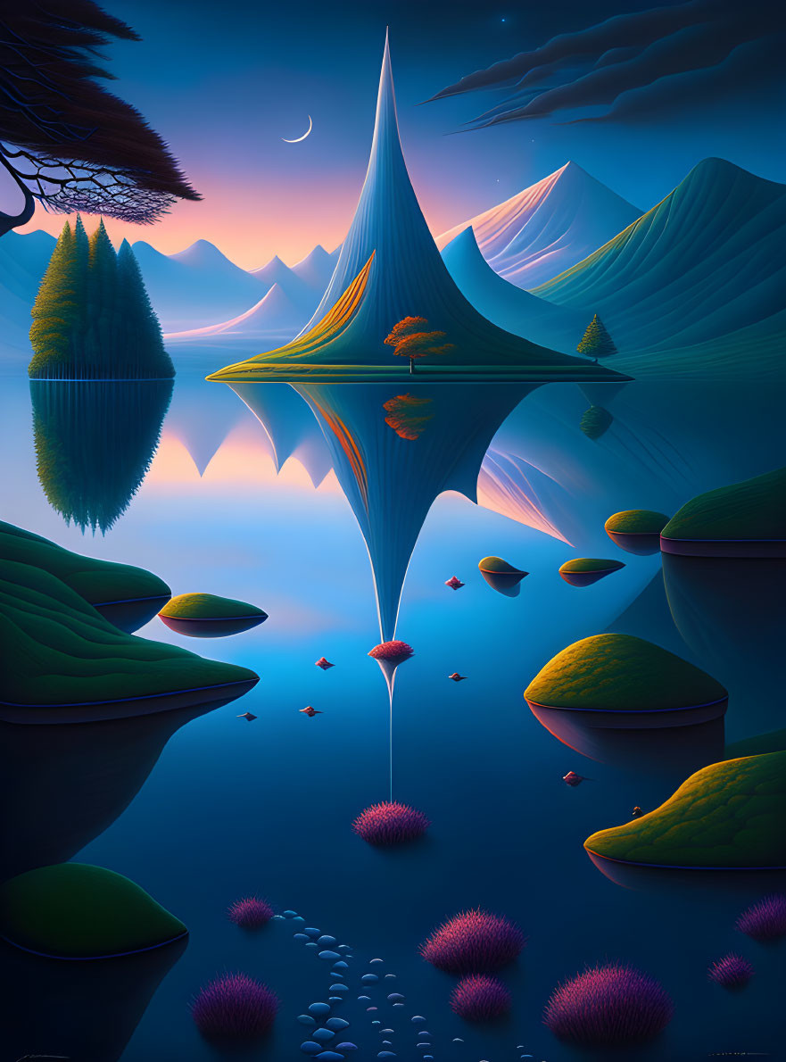 Surreal landscape with spire-like mountain, rolling hills, trees, and pink orbs under twilight