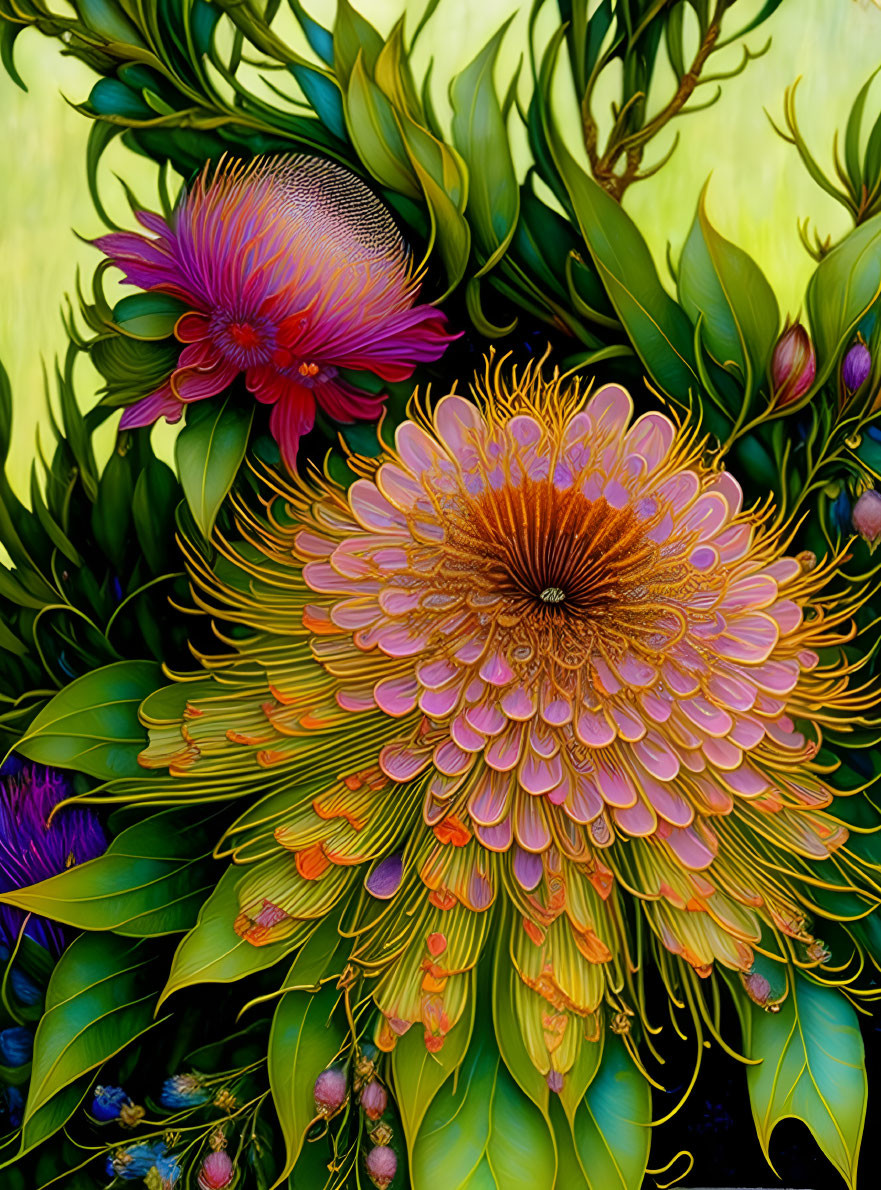 Colorful digital artwork: Stylized flowers in pink, purple, and yellow on green background