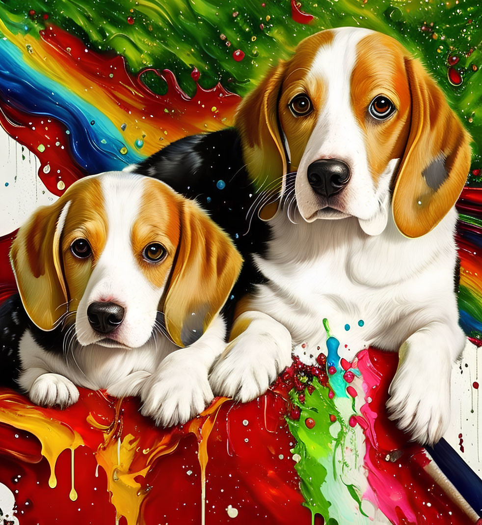 Two Beagle Puppies in Colorful Paint Splatter Background