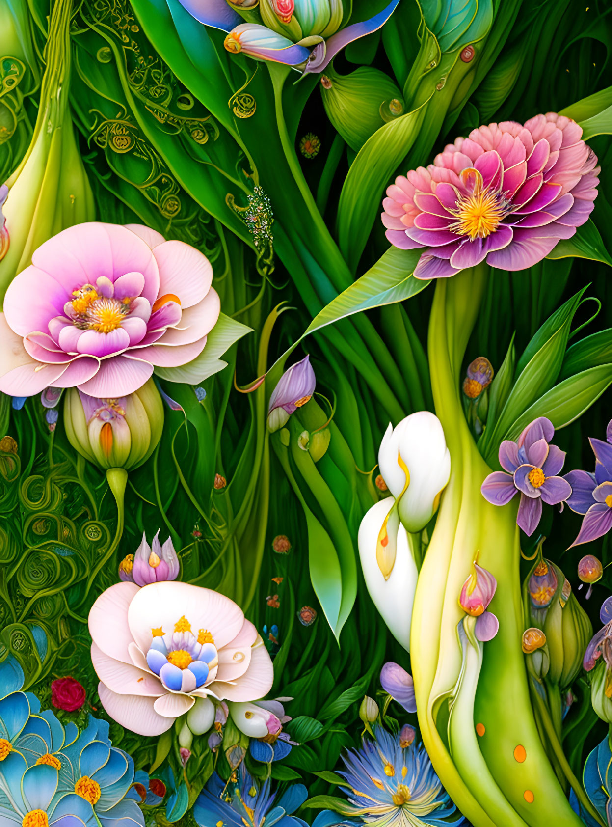 Detailed illustration of vibrant floral and foliage with vivid colors in surreal composition