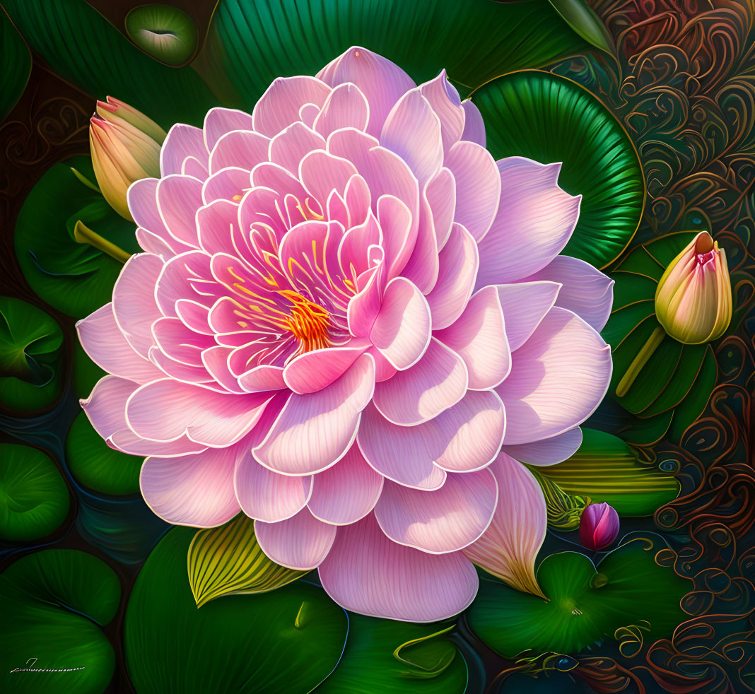 Vivid Pink Lotus Flower Digital Artwork with Dark Green Background