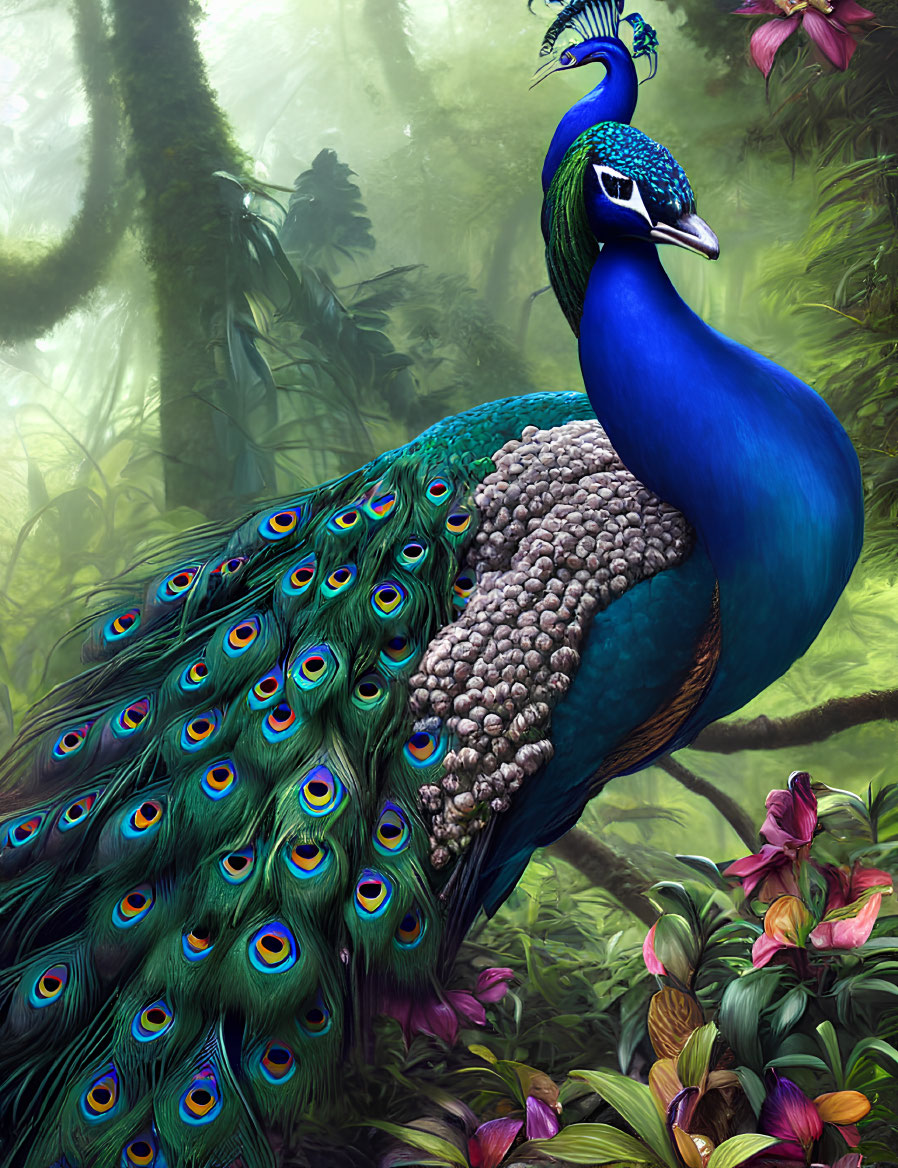 Colorful Peacock Display in Lush Forest Setting