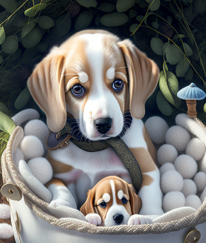 Two Beagle Puppies in Wicker Basket with Greenery and Mushroom