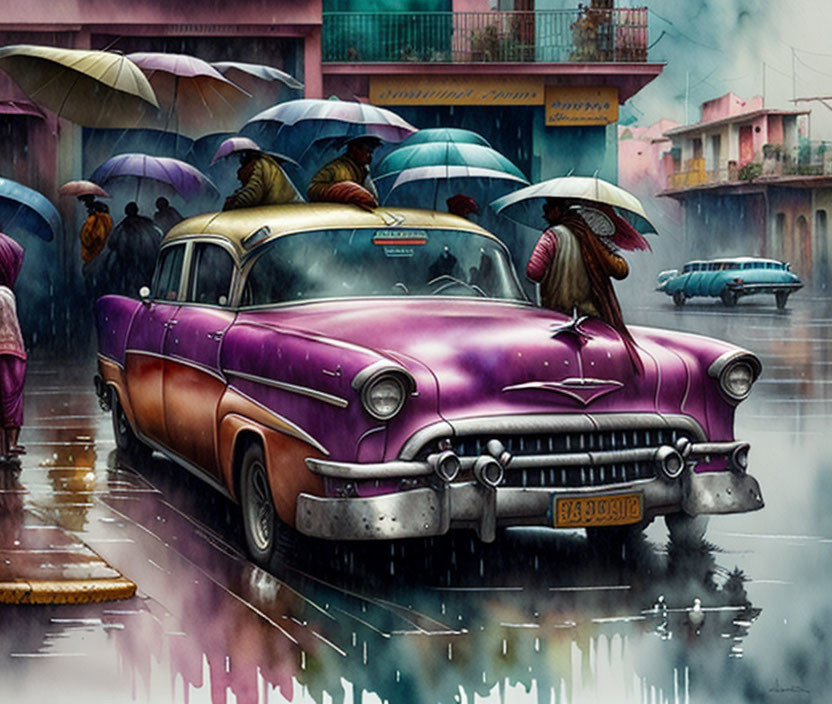 Vintage Purple Car Parked in Rainy Urban Scene