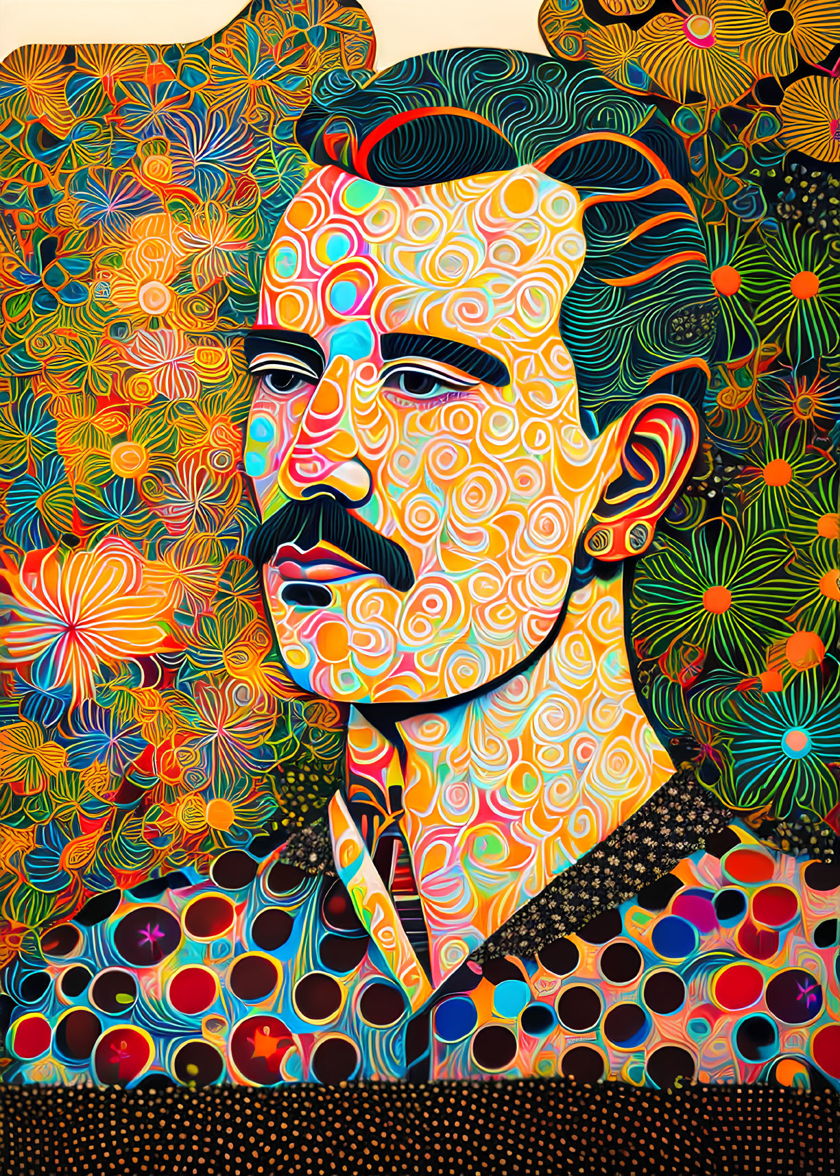 Colorful Psychedelic Portrait with Mustached Figure on Patterned Background