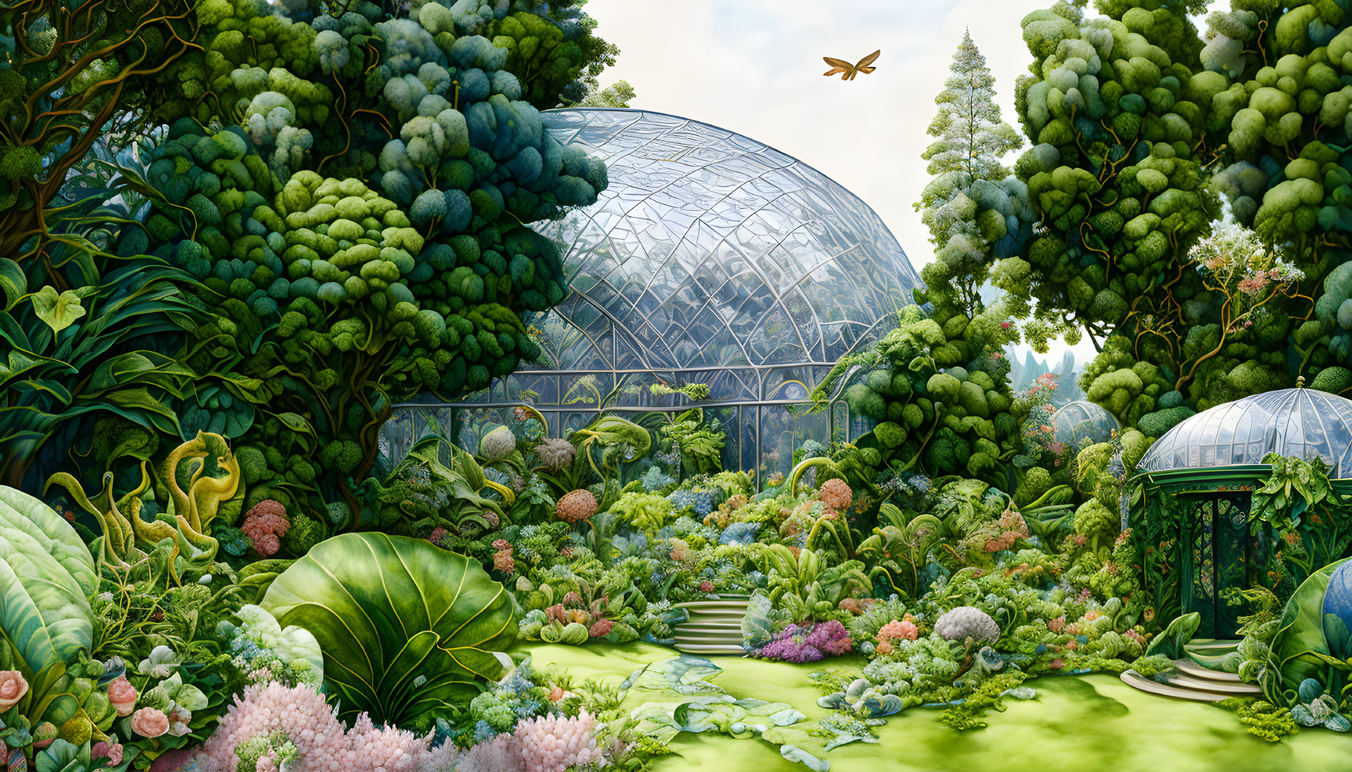 Fantastical garden with oversized plants and geometric glasshouses