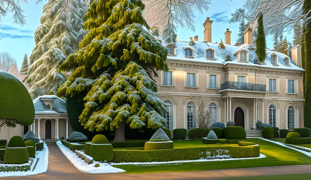 Luxurious Winter Mansion with Manicured Gardens and Snow-covered Trees