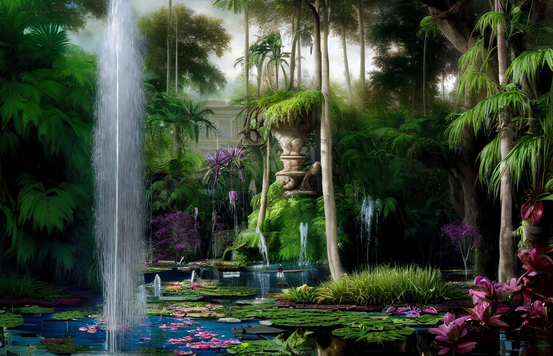 Tranquil garden scene with waterfall, statue, lush greenery, flowers, and pond.